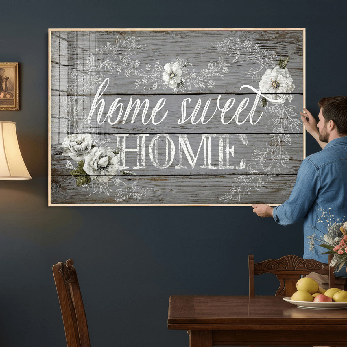 Home Sweet Home Sign Wall Art Canvas Print, Floral Farmhouse Decor