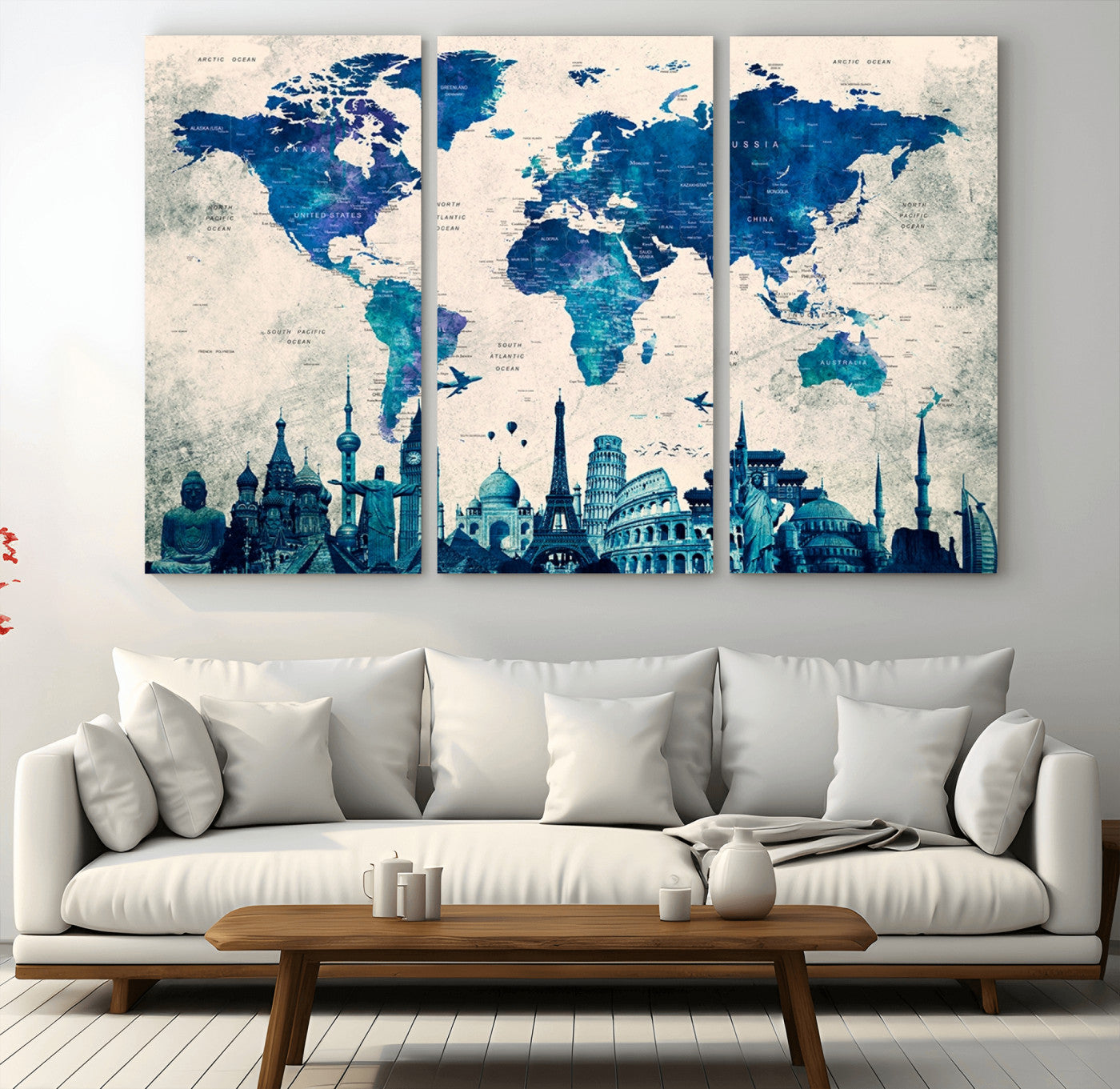 Navy Blue World Map Canvas Print, Wonder of World Map Push Pin Canvas Print