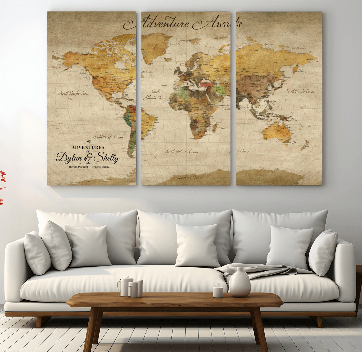 50298017-MGV-CV-48X32-3P-Personalized World Map Print, Customizable Push Pin Framed World Map Print on Canvas - Custom Quote on Map Print