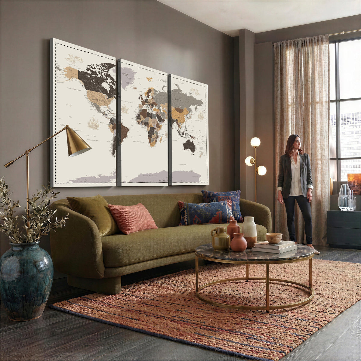 58777746-MGV-CV-36X24 - Custom Beige Modern Push Pin World Map Canvas Print, Places Visited Tracker, Bedroom and Study Decor