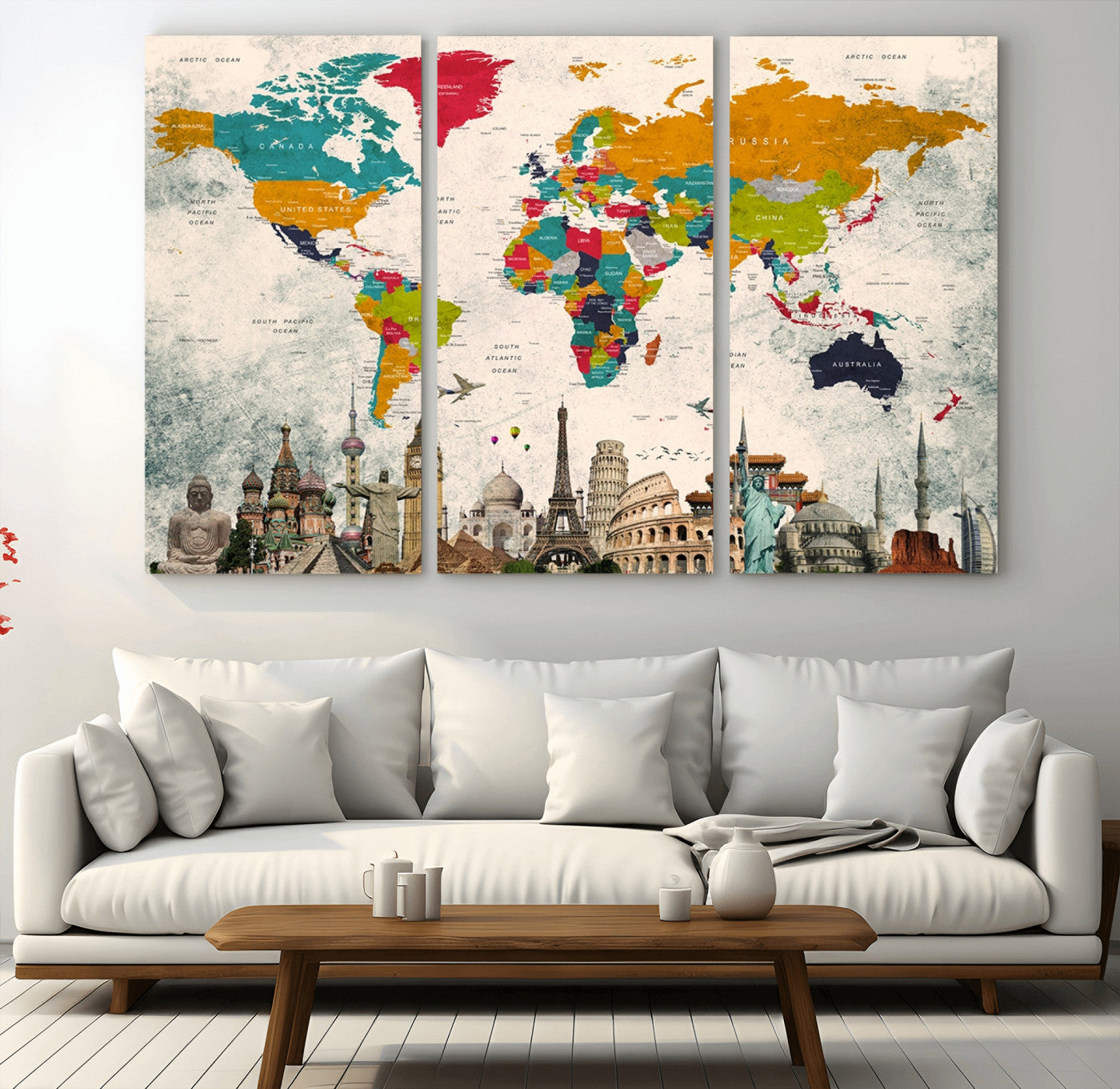 Push Pin World Map Canvas Print – Framed Wall Art for Couples to Track Their Travels – Anniversary Gift or Home Adventure Decor
