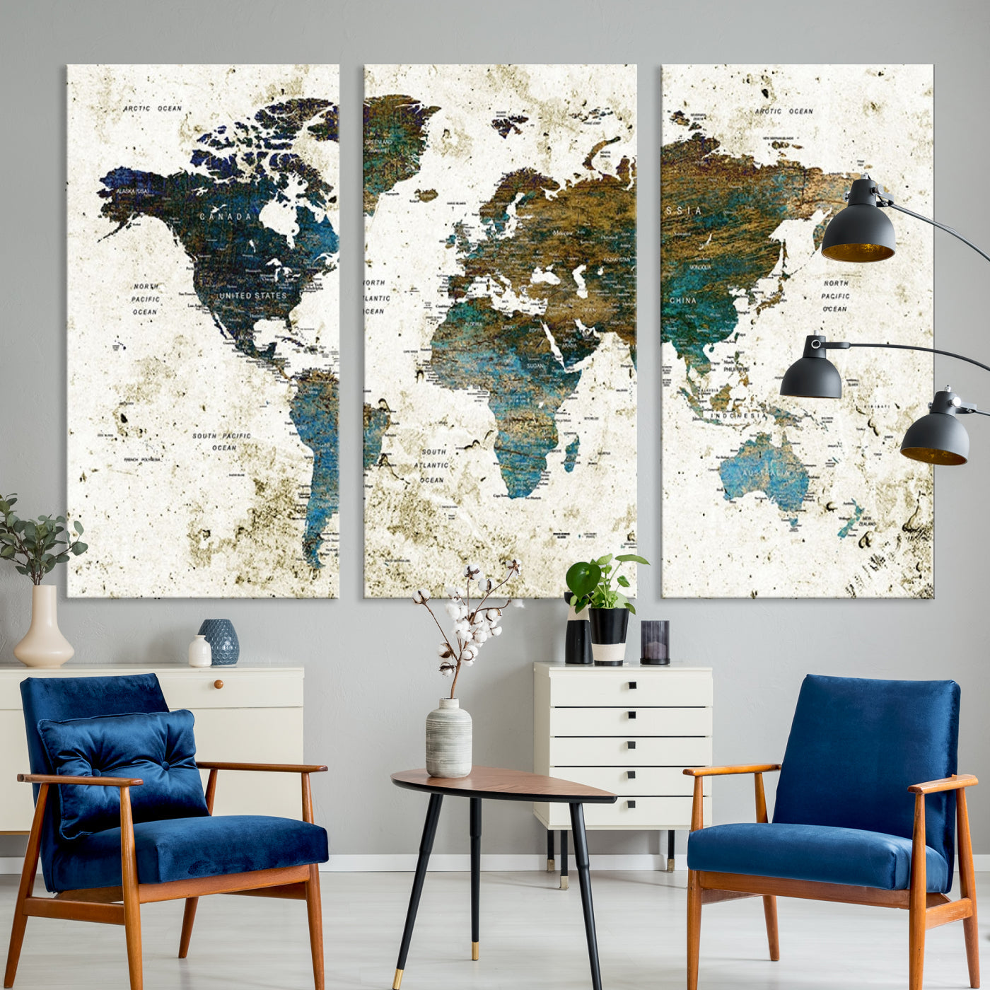Vintage World Map Wall Art Canvas Print, Framed Rustic Earth Map Art Picture Print, Antique Map Perfect Rustic Vintage Decor Artwork