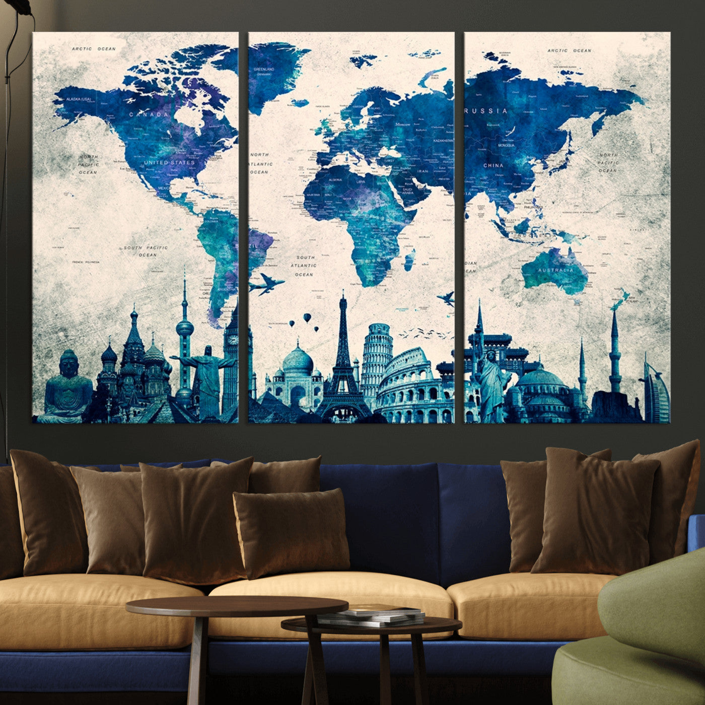 Navy Blue World Map Canvas Print, Wonder of World Map Push Pin Canvas Print