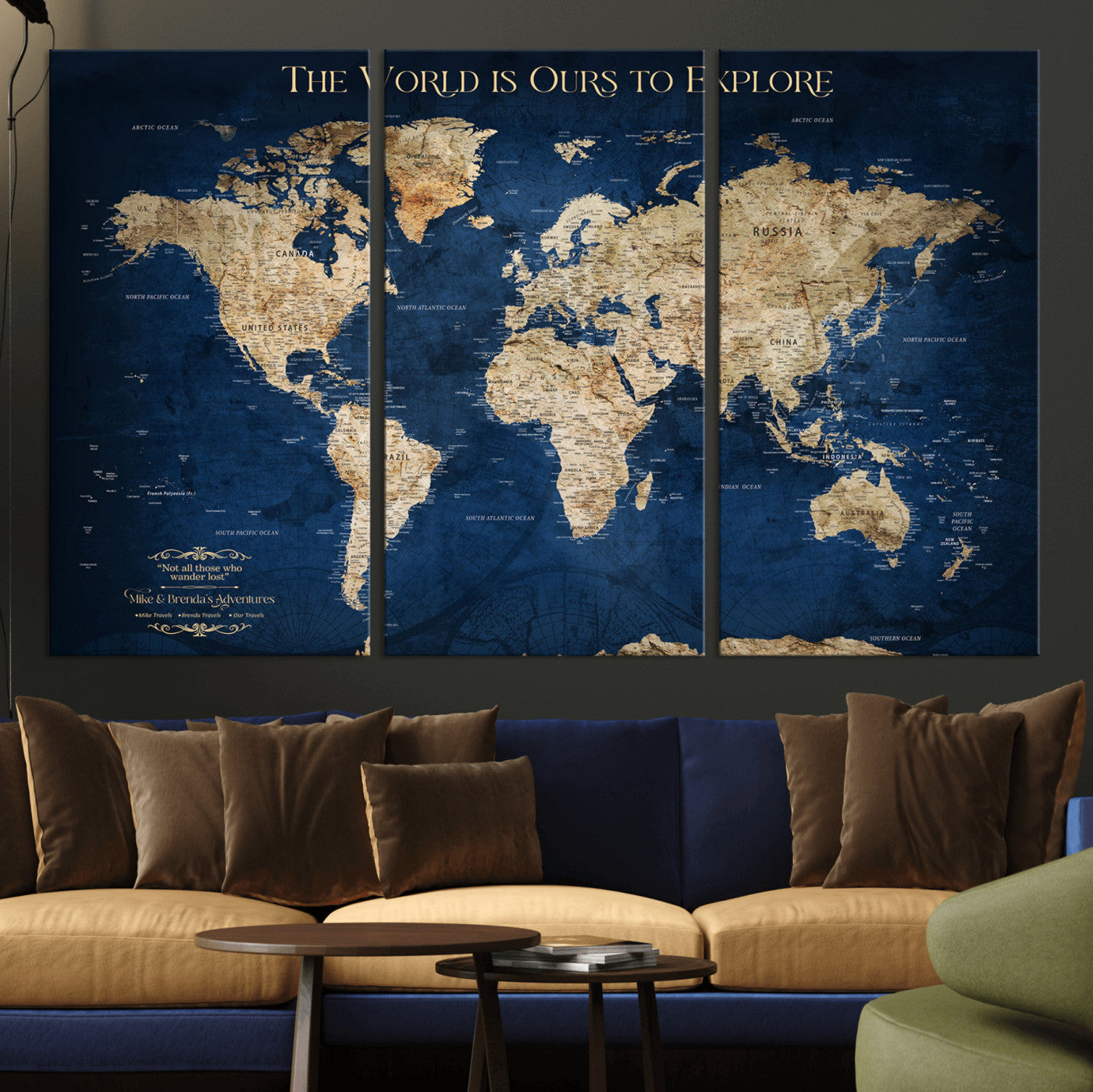 Custom World Map Wall Art – Personalized Framed Canvas Print with Push Pins for Travel Tracking, Anniversary or Couple Gift Ideas - H2-2