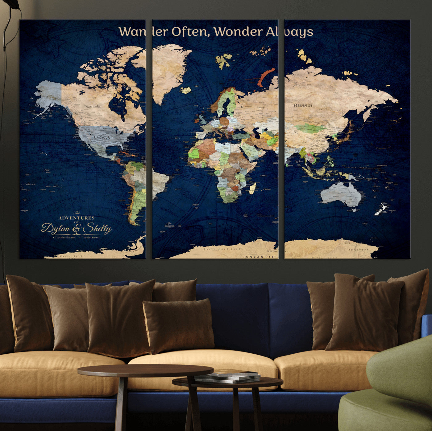 12399561-MGV-CV-30X20-Personalized World Map Print, Customizable Push Pin Framed World Map Print on Canvas - Custom Quote on Map Print