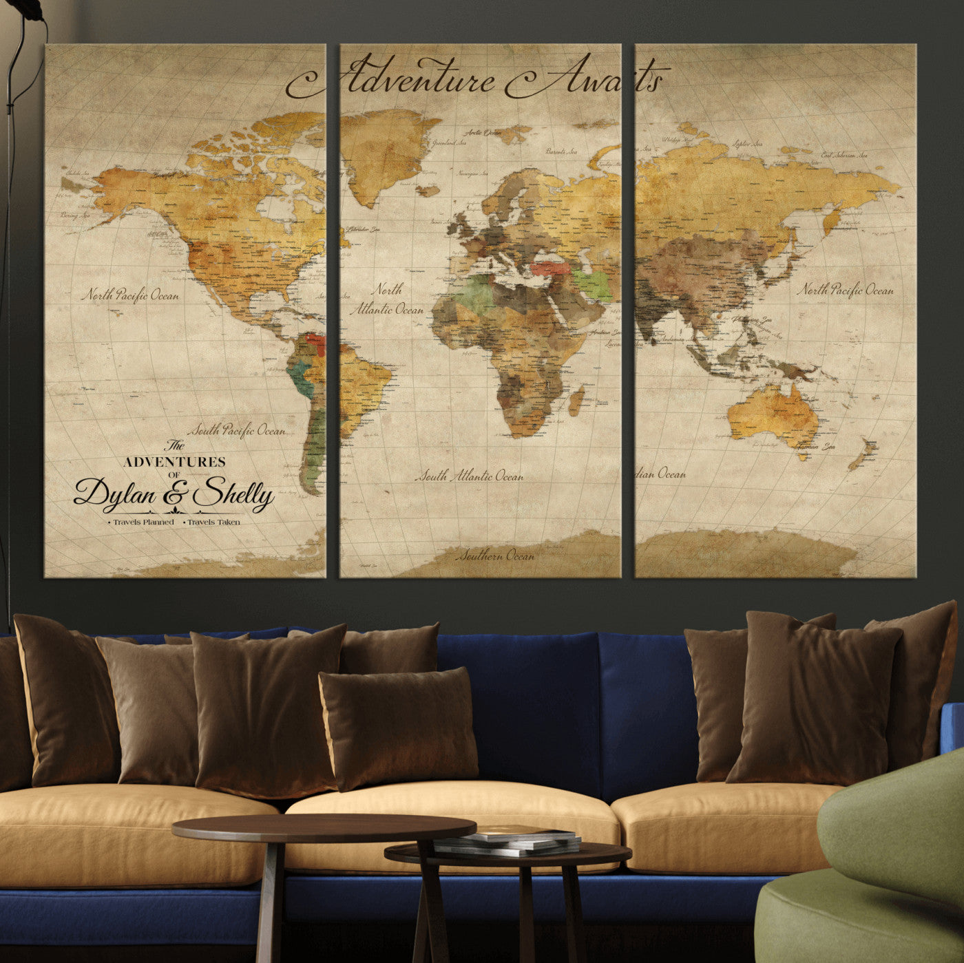 50298017-MGV-CV-36X24-Personalized World Map Print, Customizable Push Pin Framed World Map Print on Canvas - Custom Quote on Map Print