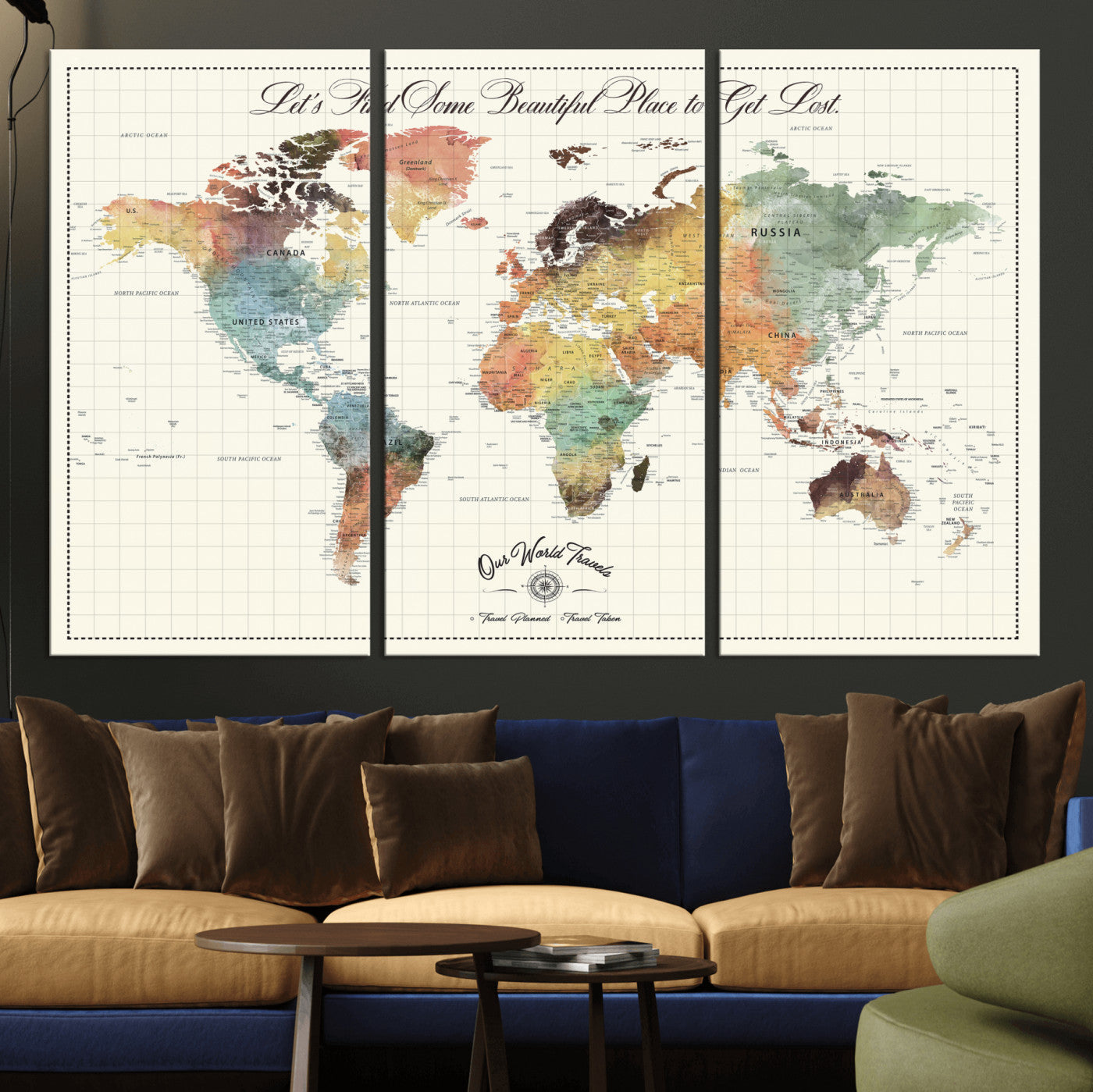 29289638-MGV-CV-36X24-Personalized World Map Print - Customizable Push Pin Framed World Map Print on Canvas - Custom Quote on Map Print