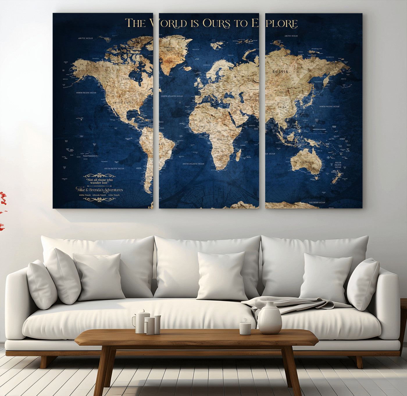 Custom World Map Wall Art – Personalized Framed Canvas Print with Push Pins for Travel Tracking, Anniversary or Couple Gift Ideas - H2-2