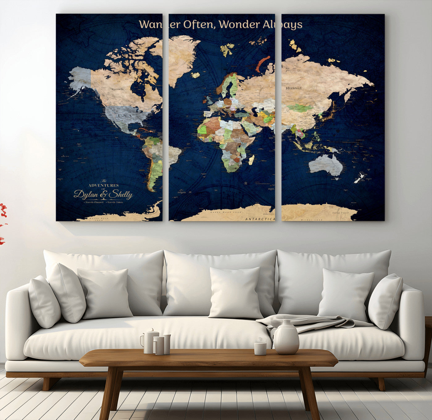 12399561-MGV-CV-30X20-Personalized World Map Print, Customizable Push Pin Framed World Map Print on Canvas - Custom Quote on Map Print