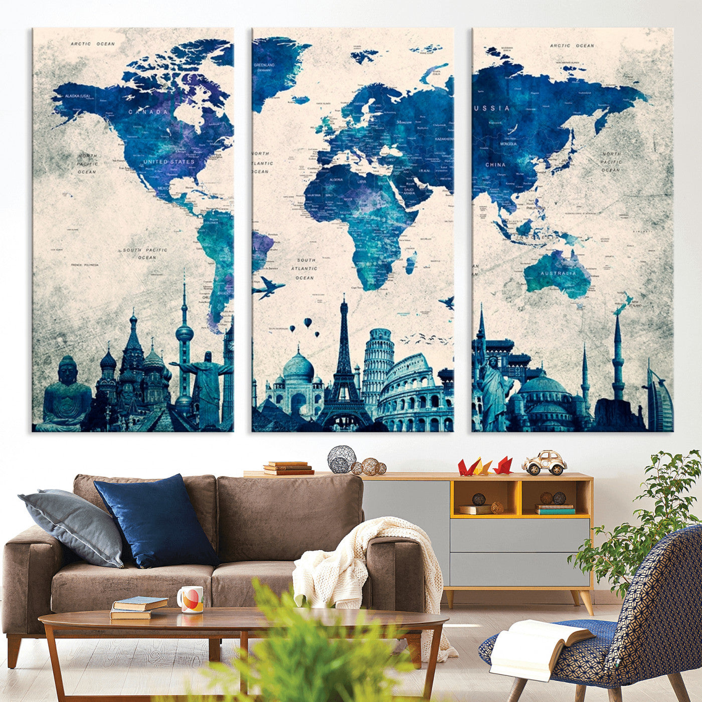 Navy Blue World Map Canvas Print, Wonder of World Map Push Pin Canvas Print