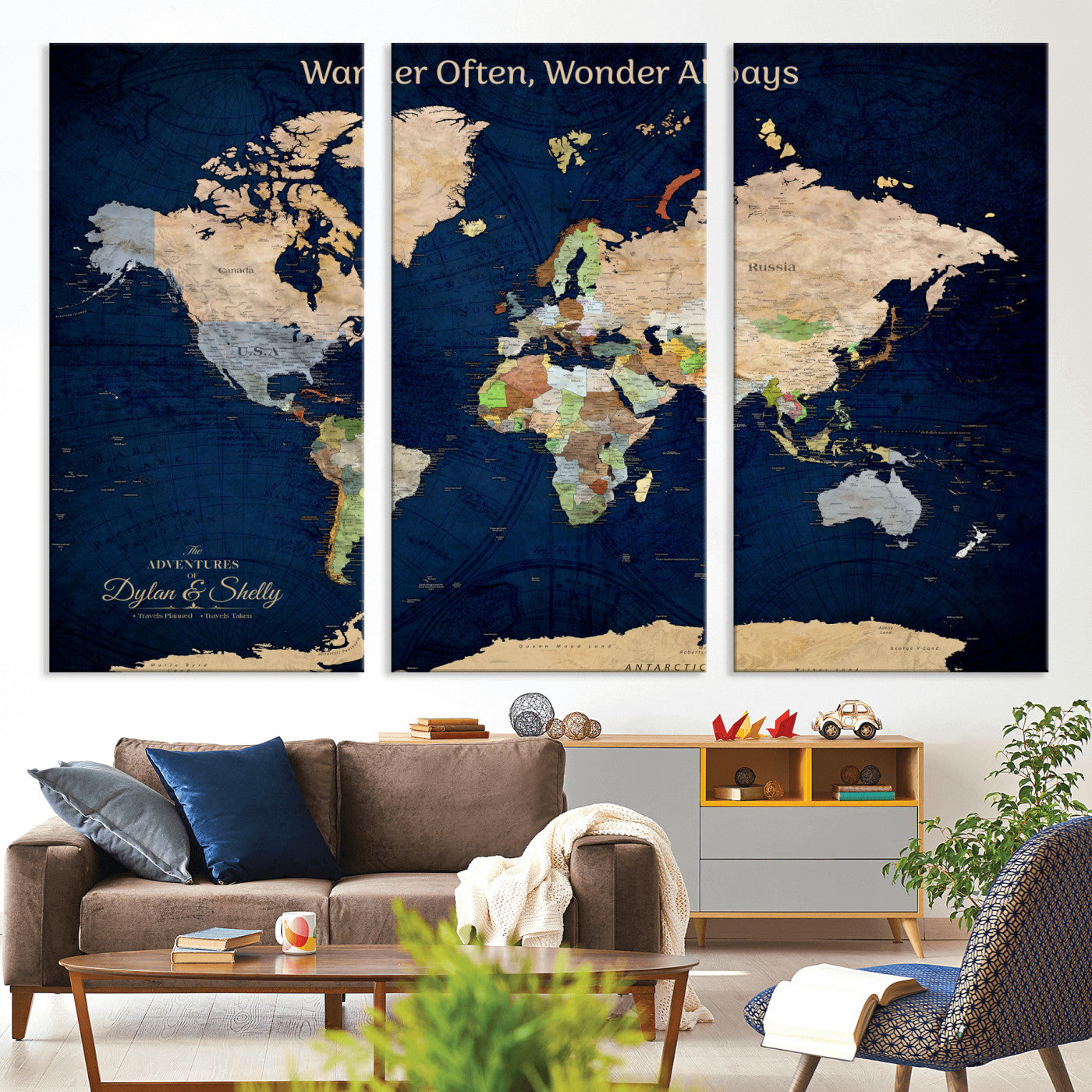 12399561-MGV-CV-30X20-Personalized World Map Print, Customizable Push Pin Framed World Map Print on Canvas - Custom Quote on Map Print