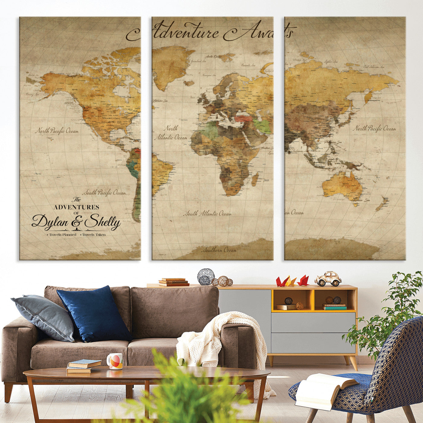 50298017-MGV-CV-36X24-Personalized World Map Print, Customizable Push Pin Framed World Map Print on Canvas - Custom Quote on Map Print