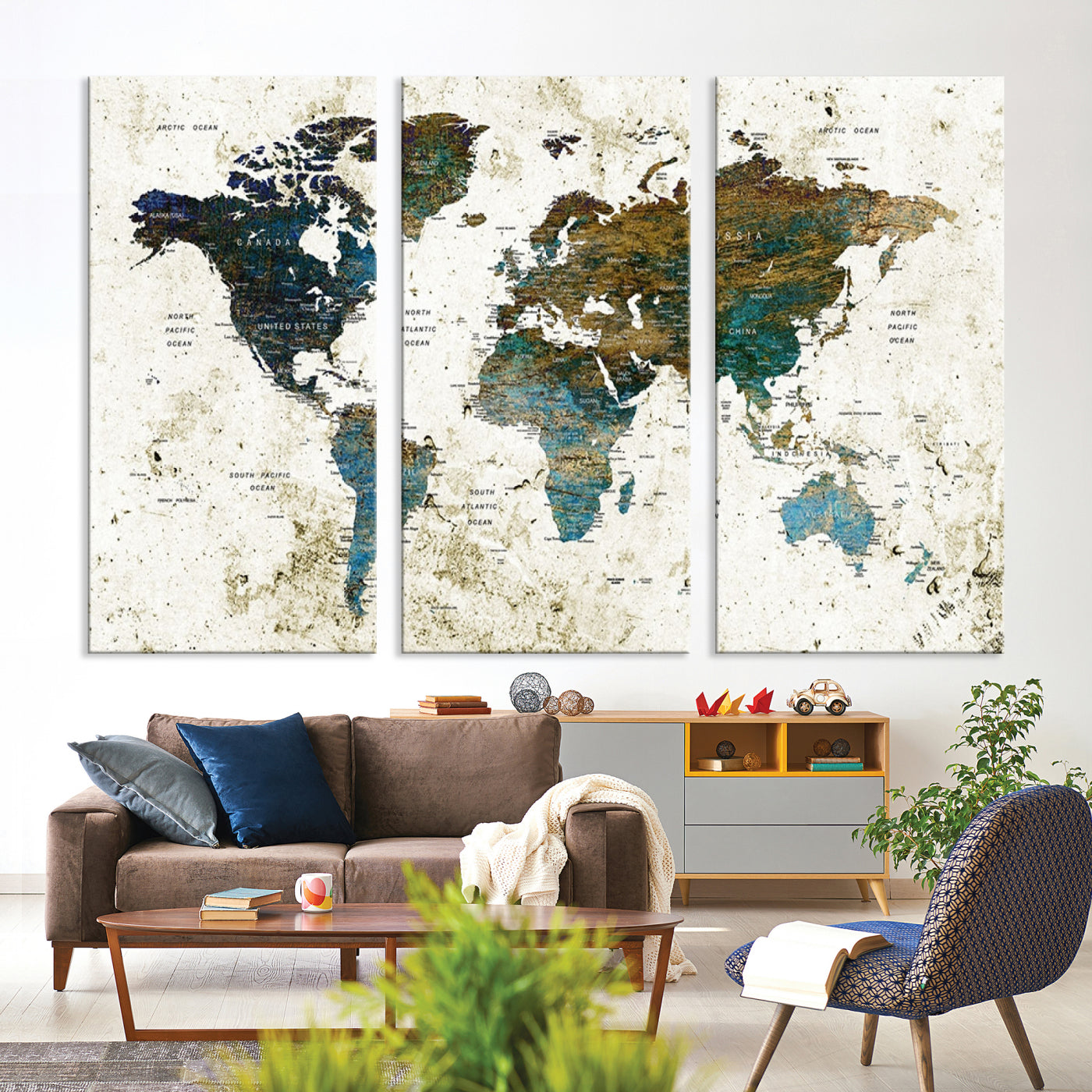 Vintage World Map Wall Art Canvas Print, Framed Rustic Earth Map Art Picture Print, Antique Map Perfect Rustic Vintage Decor Artwork