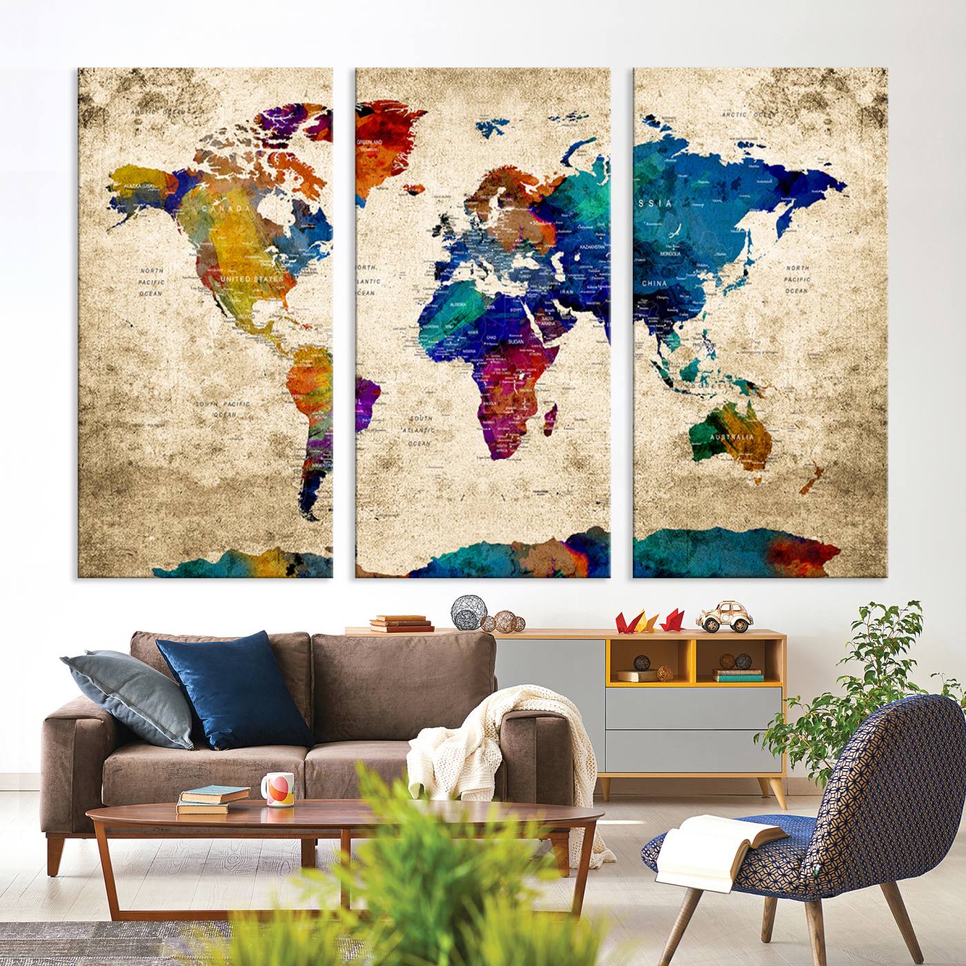 Push Pin World Map Canvas Print – Framed Wall Art for Couples to Track Their Travels – Anniversary Gift or Home Adventure Decor