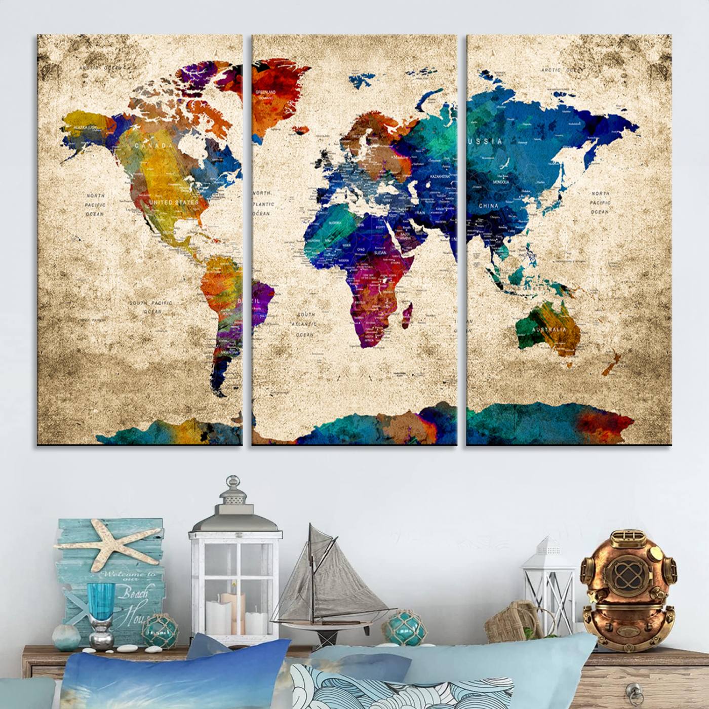 Push Pin World Map Canvas Print – Framed Wall Art for Couples to Track Their Travels – Anniversary Gift or Home Adventure Decor