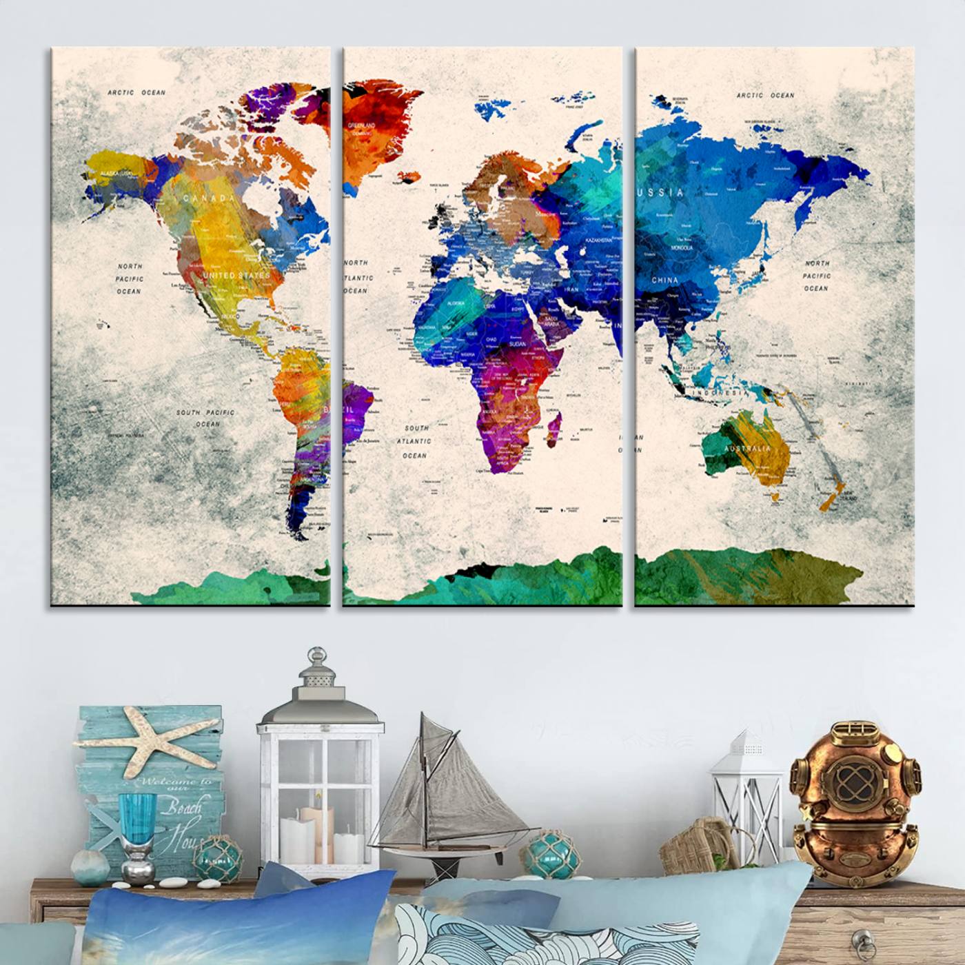 Push Pin World Map Canvas Print – Framed Wall Art for Couples to Track Their Travels – Anniversary Gift or Home Adventure Decor