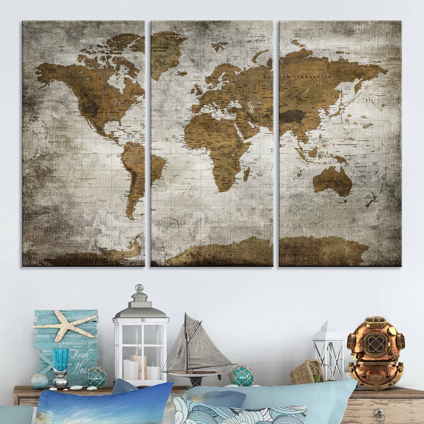 Push Pin World Map Canvas Print – Framed Wall Art for Couples to Track Their Travels – Anniversary Gift or Home Adventure Decor