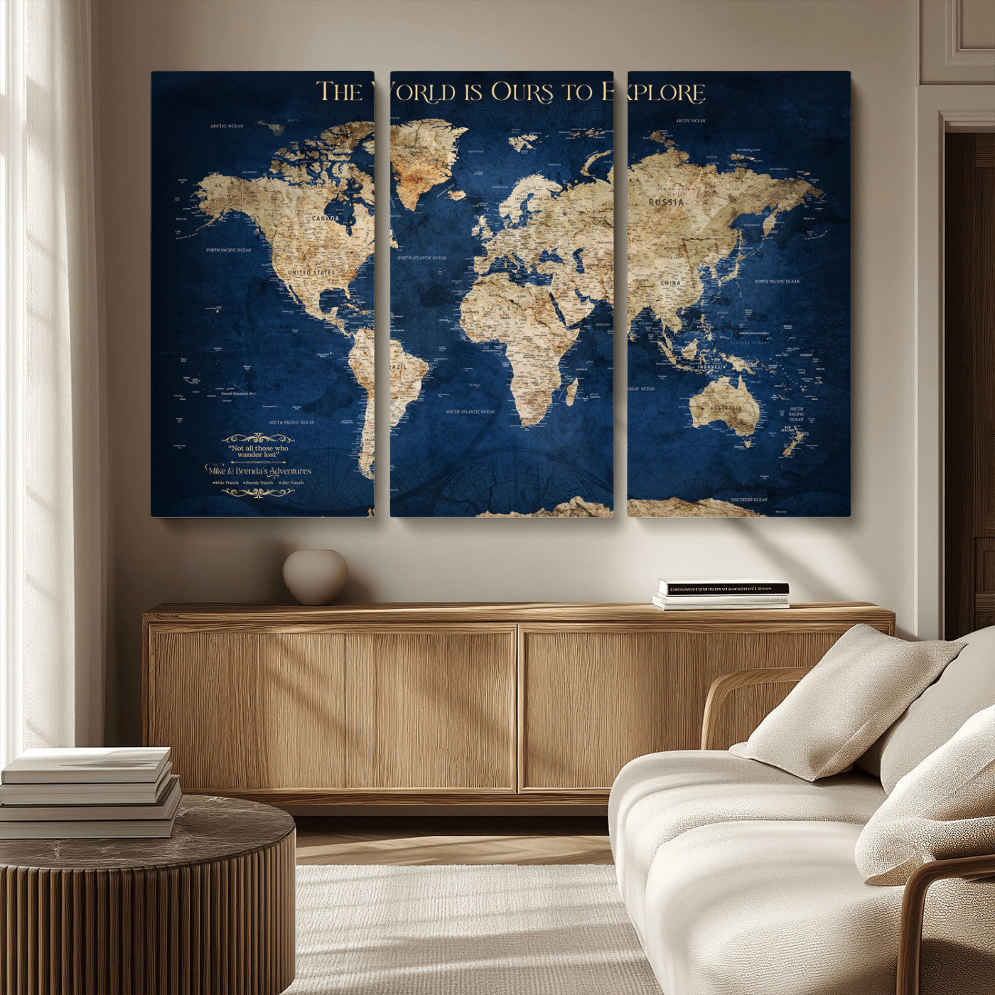 Custom World Map Wall Art – Personalized Framed Canvas Print with Push Pins for Travel Tracking, Anniversary or Couple Gift Ideas - H2-2