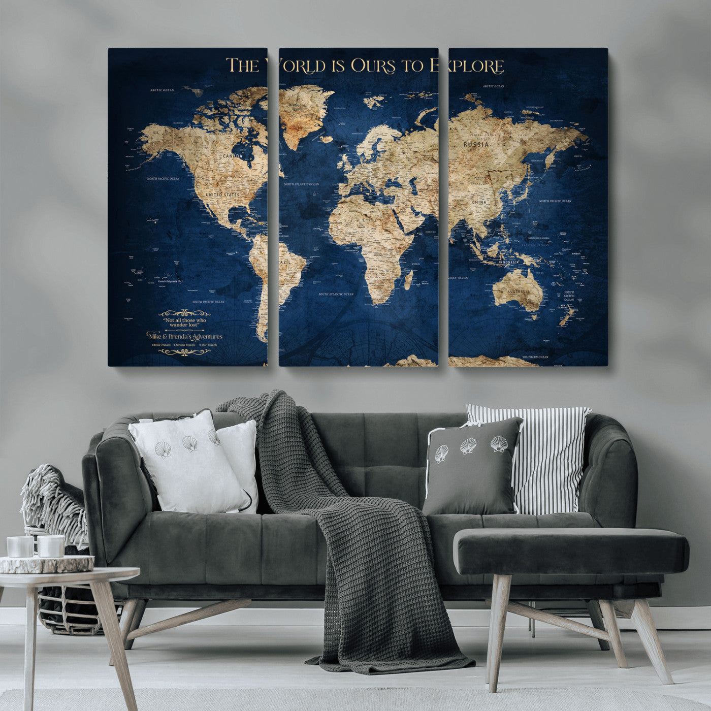 Custom World Map Wall Art – Personalized Framed Canvas Print with Push Pins for Travel Tracking, Anniversary or Couple Gift Ideas - H2-2