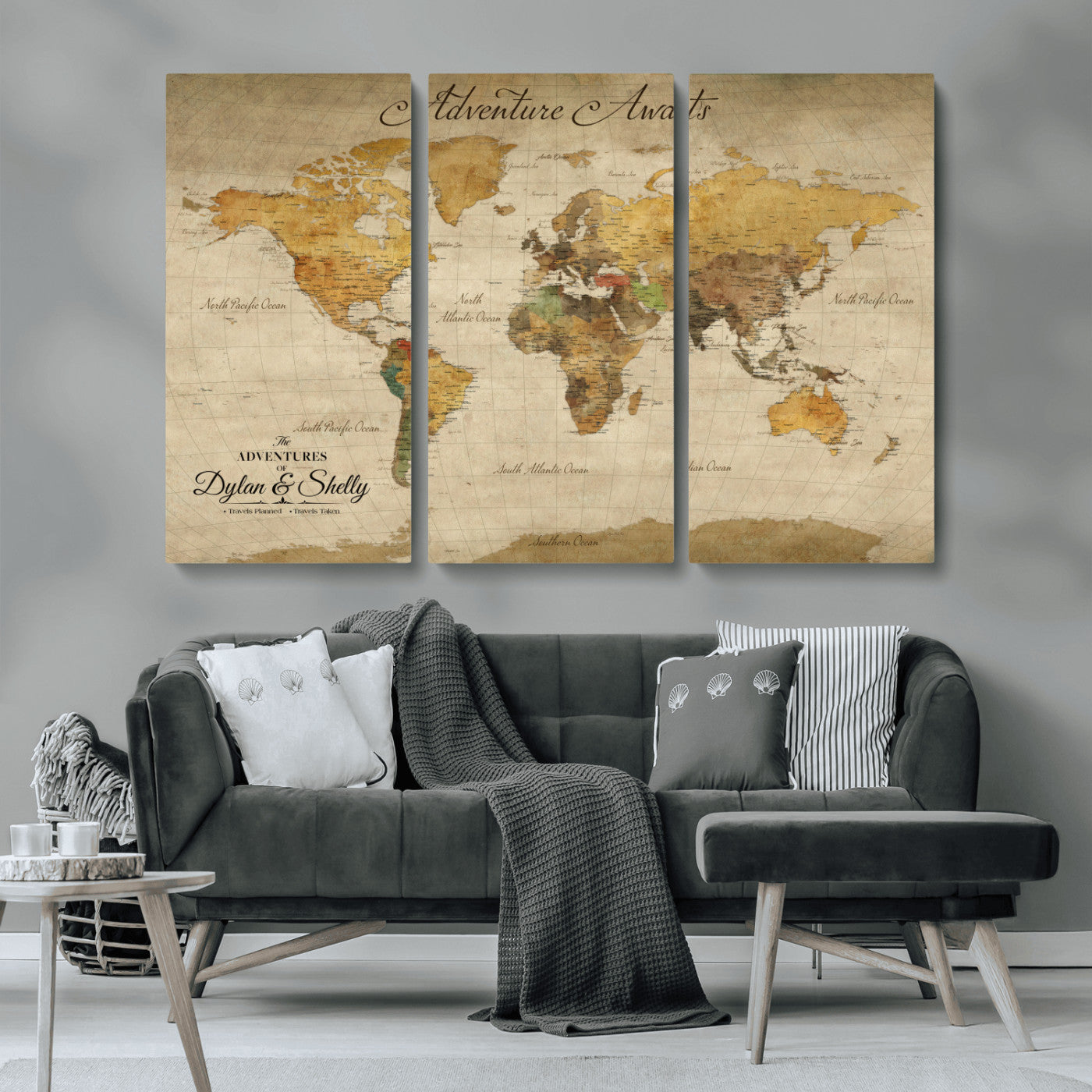 50298017-MGV-CV-36X24-Personalized World Map Print, Customizable Push Pin Framed World Map Print on Canvas - Custom Quote on Map Print