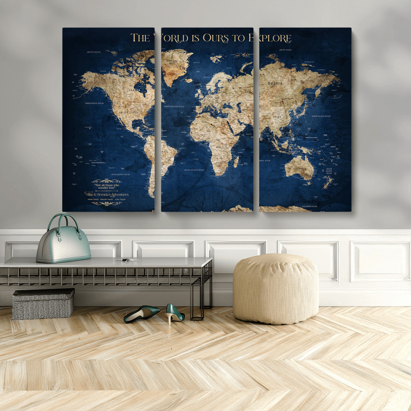 Custom World Map Wall Art – Personalized Framed Canvas Print with Push Pins for Travel Tracking, Anniversary or Couple Gift Ideas - H2-2