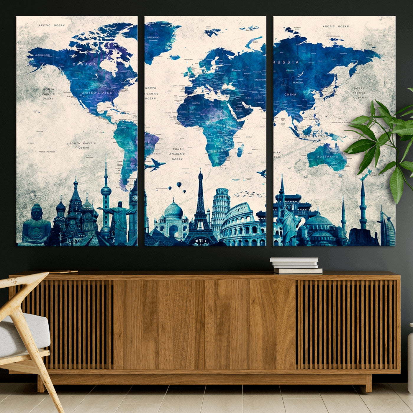 Navy Blue World Map Canvas Print, Wonder of World Map Push Pin Canvas Print