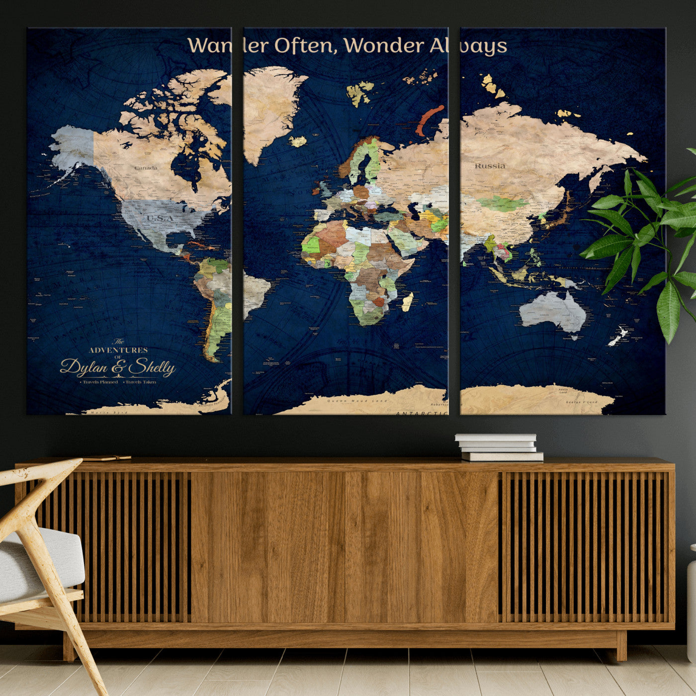 12399561-MGV-CV-30X20-Personalized World Map Print, Customizable Push Pin Framed World Map Print on Canvas - Custom Quote on Map Print