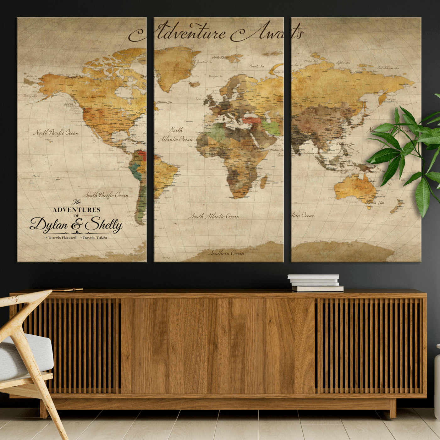 50298017-MGV-CV-36X24-Personalized World Map Print, Customizable Push Pin Framed World Map Print on Canvas - Custom Quote on Map Print