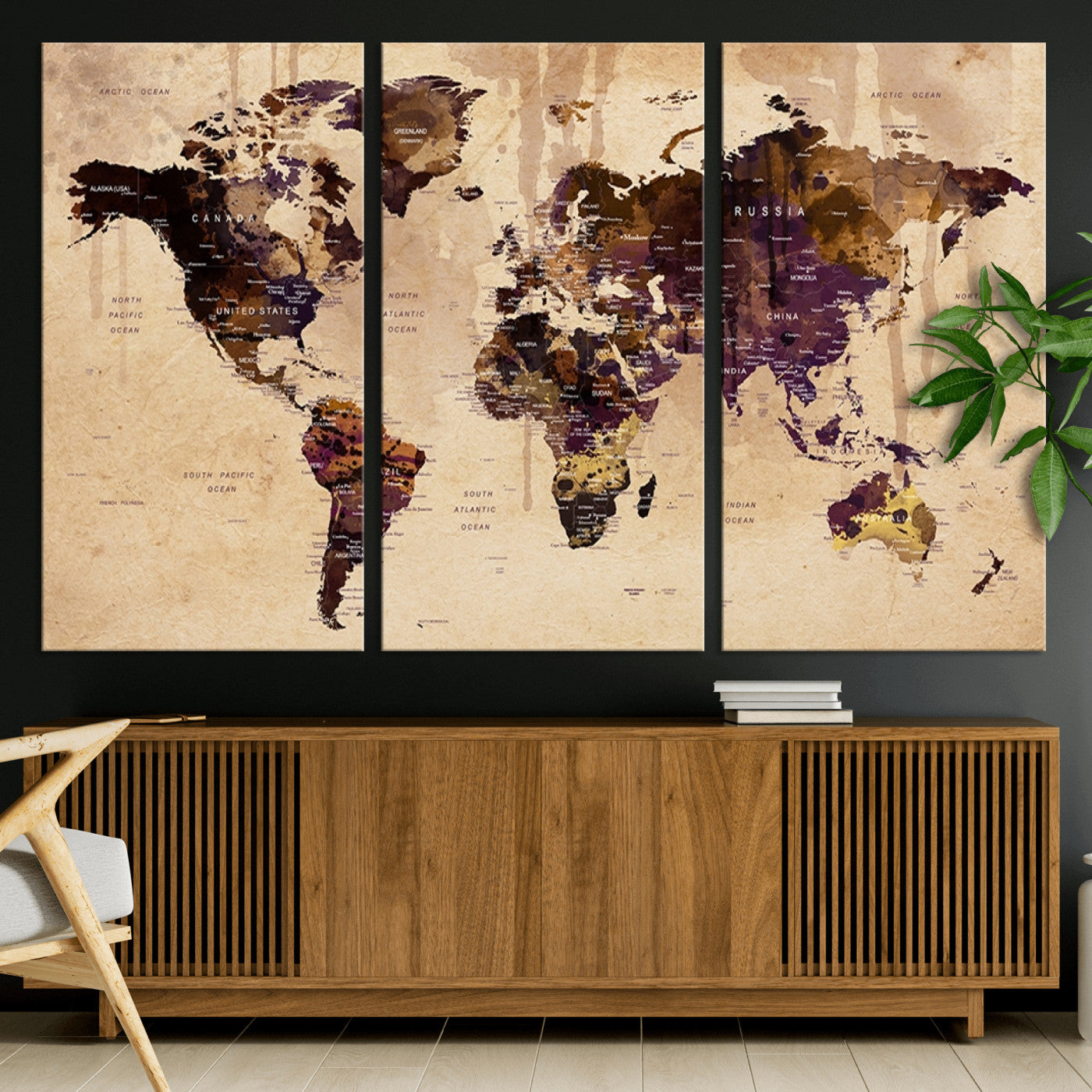 Push Pin World Map Canvas Print – Framed Wall Art for Couples to Track Their Travels – Anniversary Gift or Home Adventure Decor