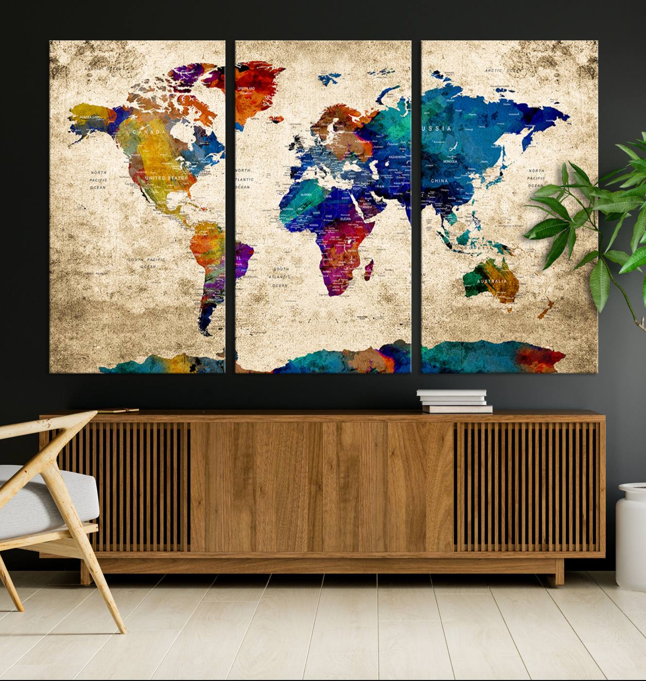 Push Pin World Map Canvas Print – Framed Wall Art for Couples to Track Their Travels – Anniversary Gift or Home Adventure Decor