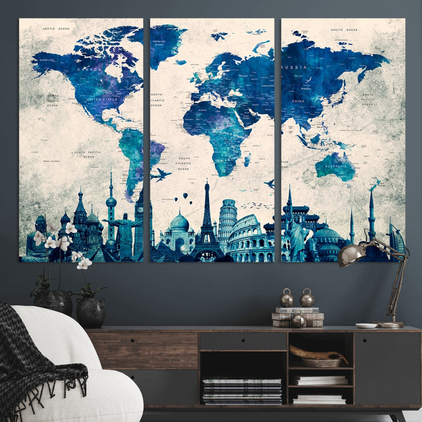 Navy Blue World Map Canvas Print, Wonder of World Map Push Pin Canvas Print