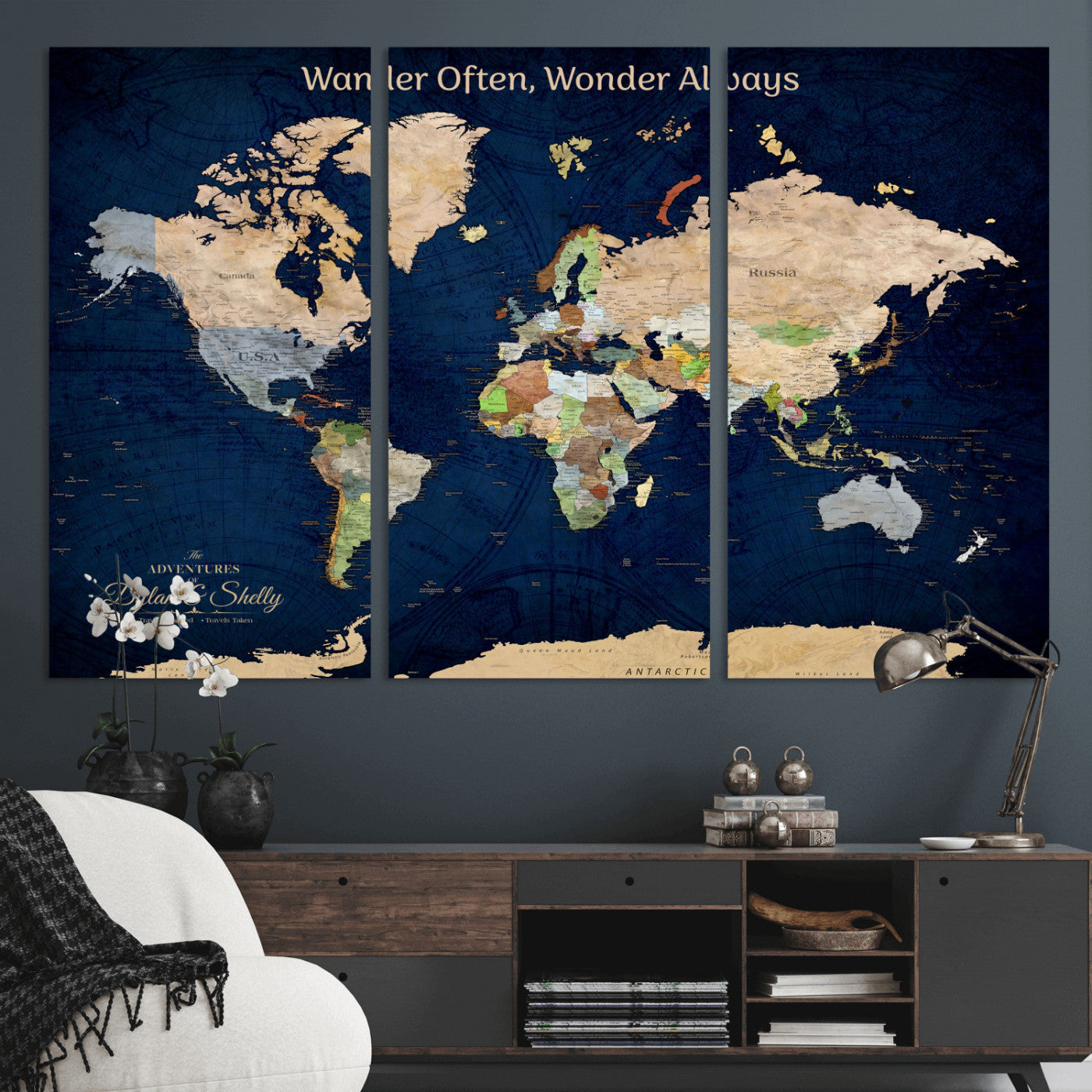 12399561-MGV-CV-30X20-Personalized World Map Print, Customizable Push Pin Framed World Map Print on Canvas - Custom Quote on Map Print