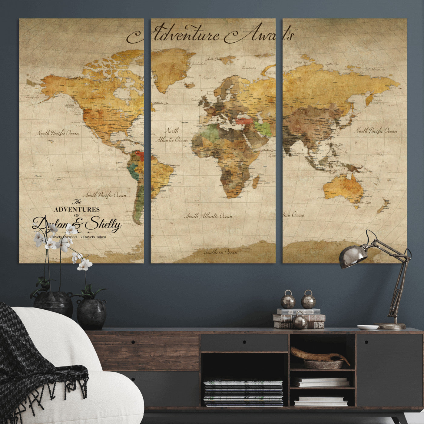 50298017-MGV-CV-36X24-Personalized World Map Print, Customizable Push Pin Framed World Map Print on Canvas - Custom Quote on Map Print