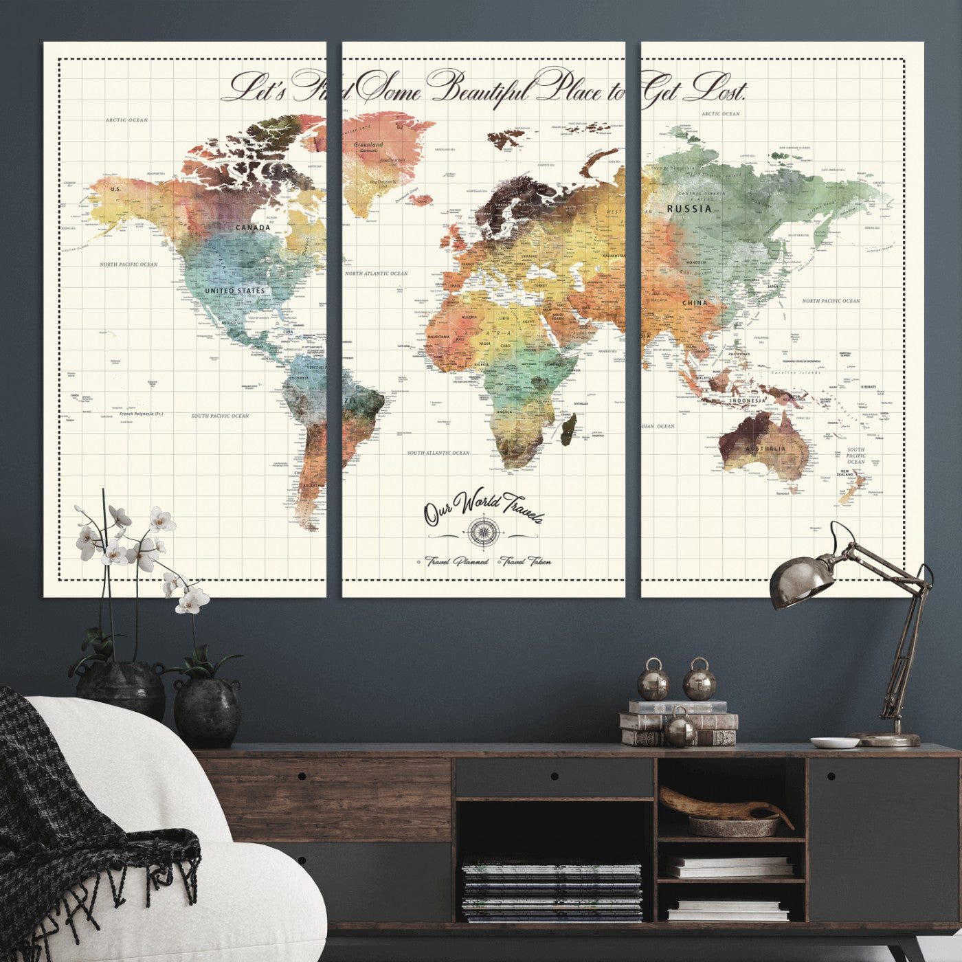 29289638-MGV-CV-36X24-Personalized World Map Print - Customizable Push Pin Framed World Map Print on Canvas - Custom Quote on Map Print