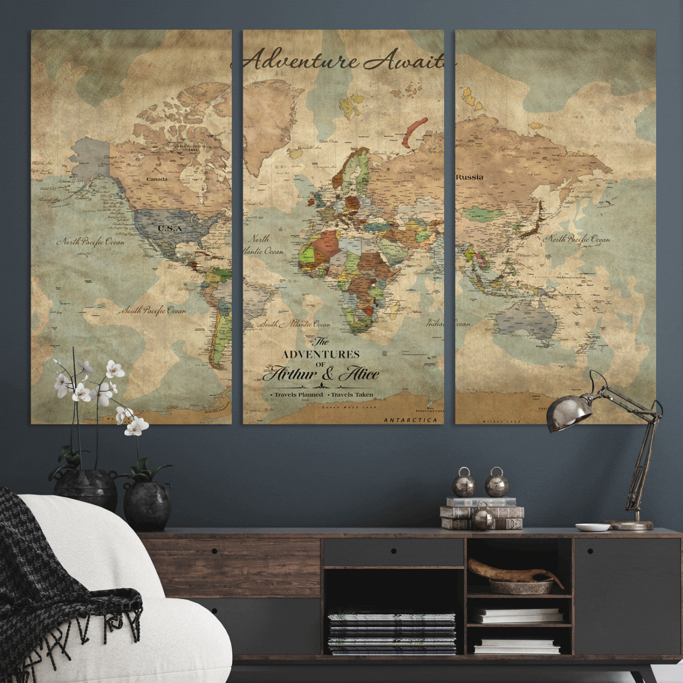 60798273-MGV-CV-30X20-Custom Push Pin World Map Wall Canvas Print – Personalized Travel Tracker with Pins – Framed Custom Quotie Canvas for Home Office Decor