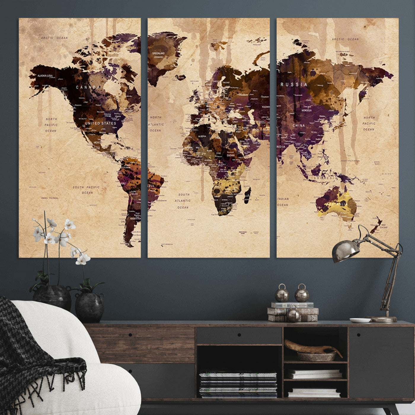 Push Pin World Map Canvas Print – Framed Wall Art for Couples to Track Their Travels – Anniversary Gift or Home Adventure Decor