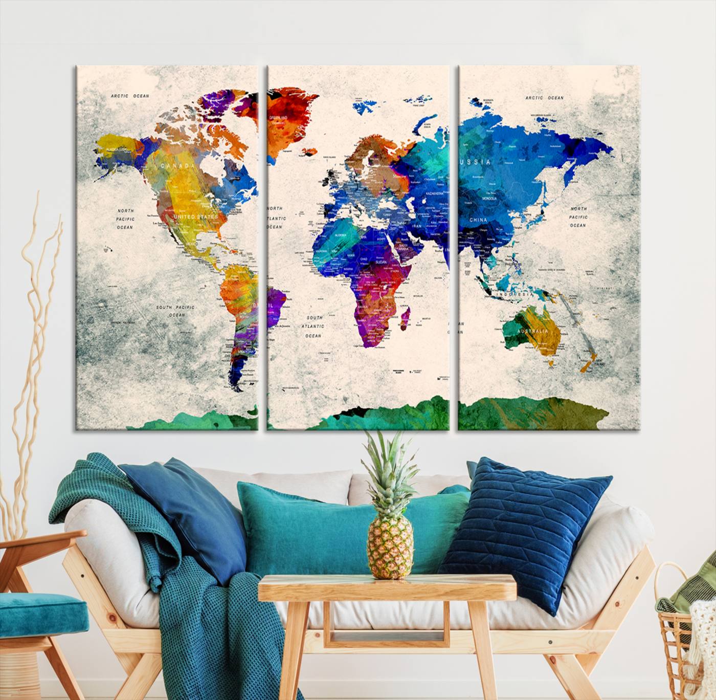 Push Pin World Map Canvas Print – Framed Wall Art for Couples to Track Their Travels – Anniversary Gift or Home Adventure Decor