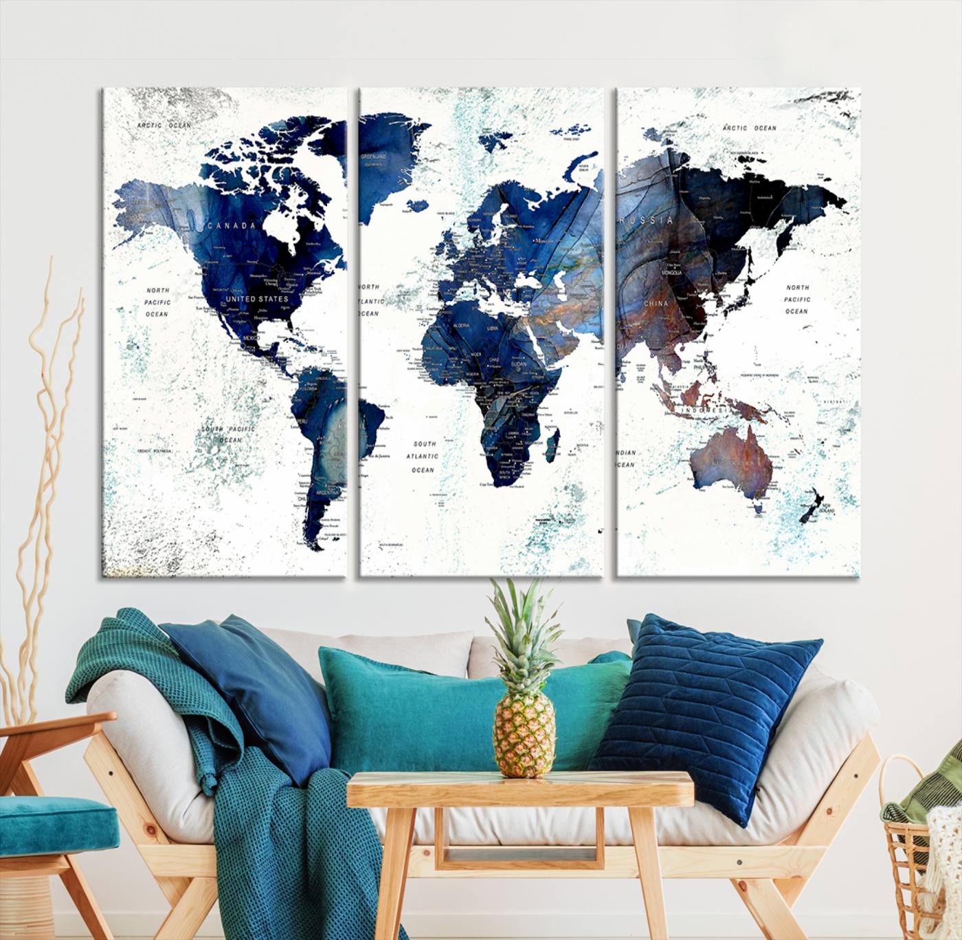 Push Pin World Map Canvas Print – Framed Wall Art for Couples to Track Their Travels – Anniversary Gift or Home Adventure Decor
