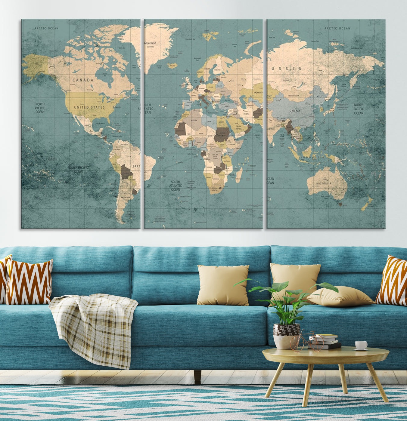 Classic World Map Wall Art Canvas Print, Framed Retro Map Art Picture Print, Vintage Atlas Perfect Rustic Explorer Decor Artwork