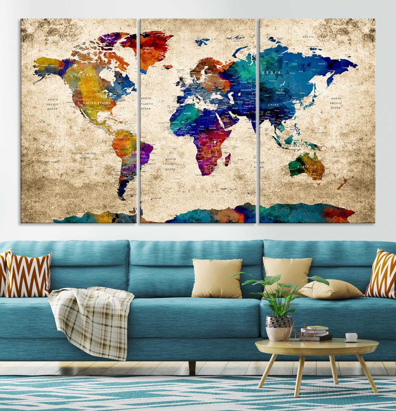 Push Pin World Map Canvas Print – Framed Wall Art for Couples to Track Their Travels – Anniversary Gift or Home Adventure Decor