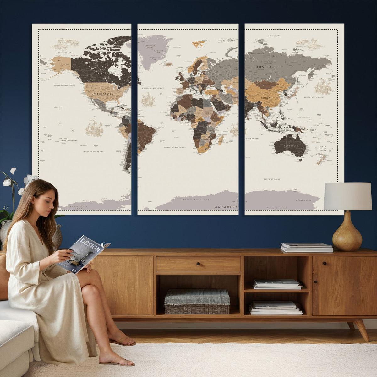 58777746-MGV-CV-36X24 - Custom Beige Modern Push Pin World Map Canvas Print, Places Visited Tracker, Bedroom and Study Decor