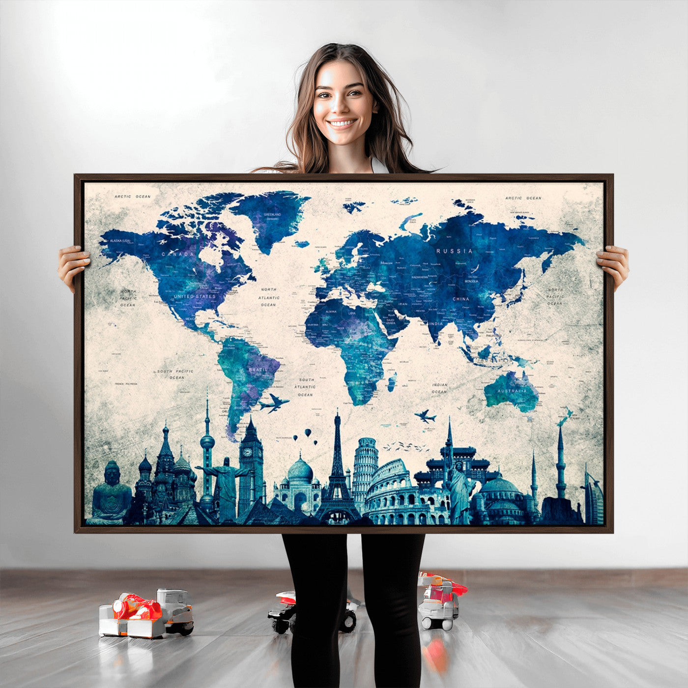 Navy Blue World Map Canvas Print, Wonder of World Map Push Pin Canvas Print