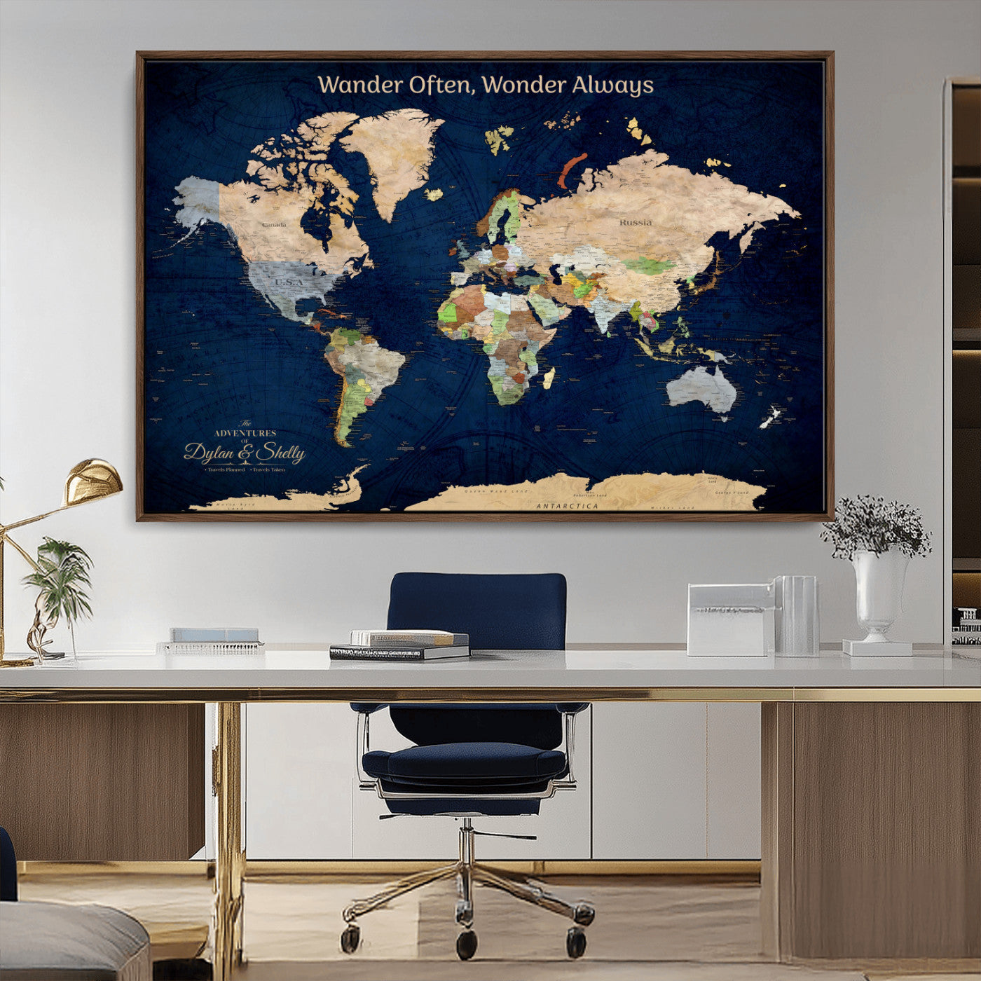 12399561-MGV-CV-30X20-Personalized World Map Print, Customizable Push Pin Framed World Map Print on Canvas - Custom Quote on Map Print
