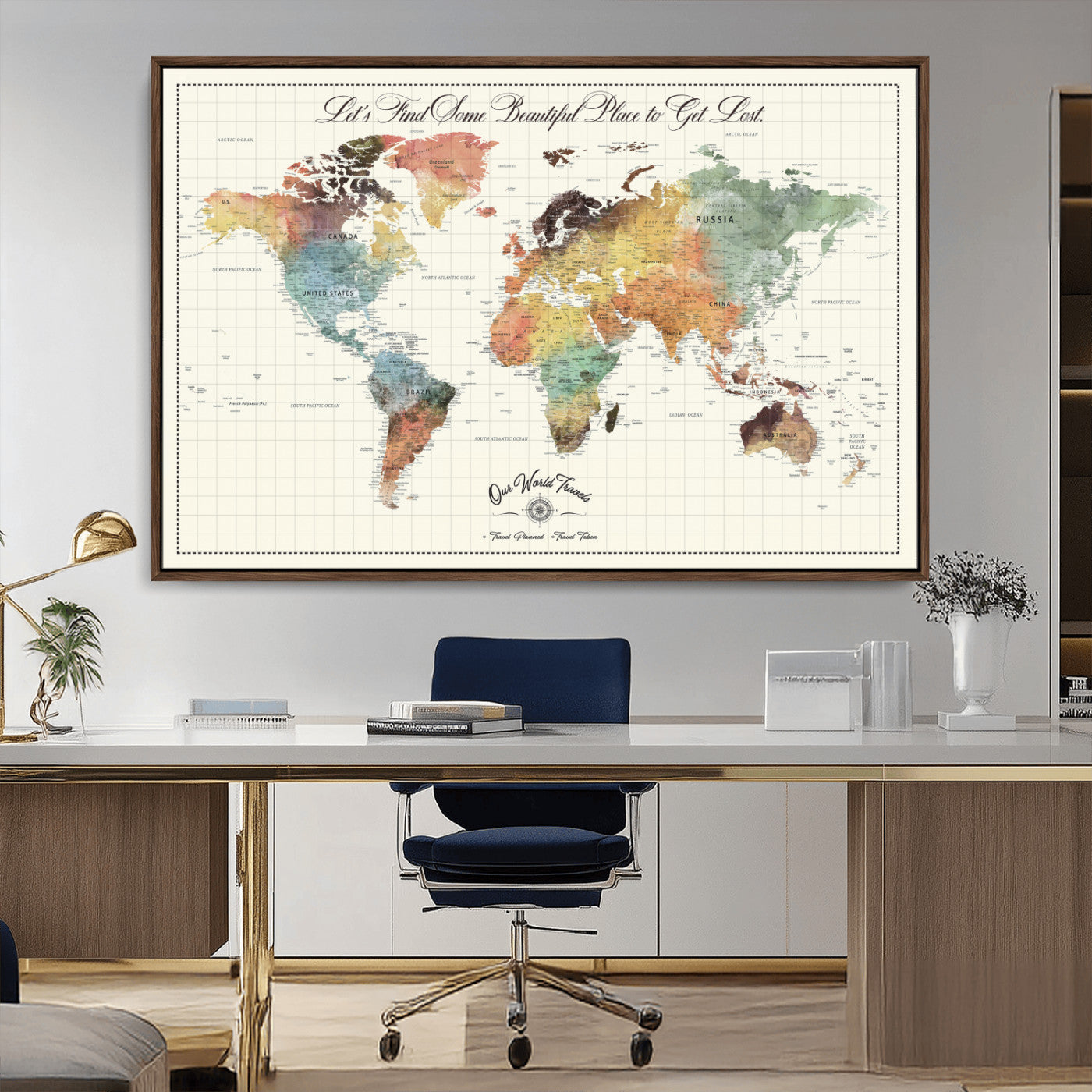 29289638-MGV-CV-36X24-Personalized World Map Print - Customizable Push Pin Framed World Map Print on Canvas - Custom Quote on Map Print