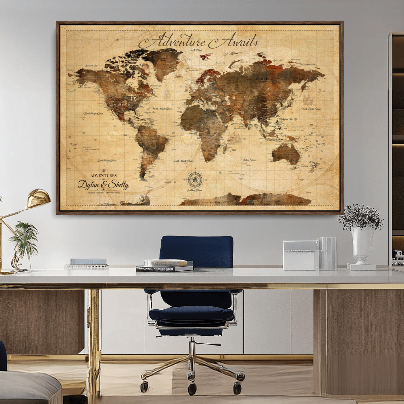 57497711-MGV-CV-36X24-Personalized World Map Canvas Print - Customizable Push Pin Framed World Map Print on Canvas - Custom Quote on Map Print