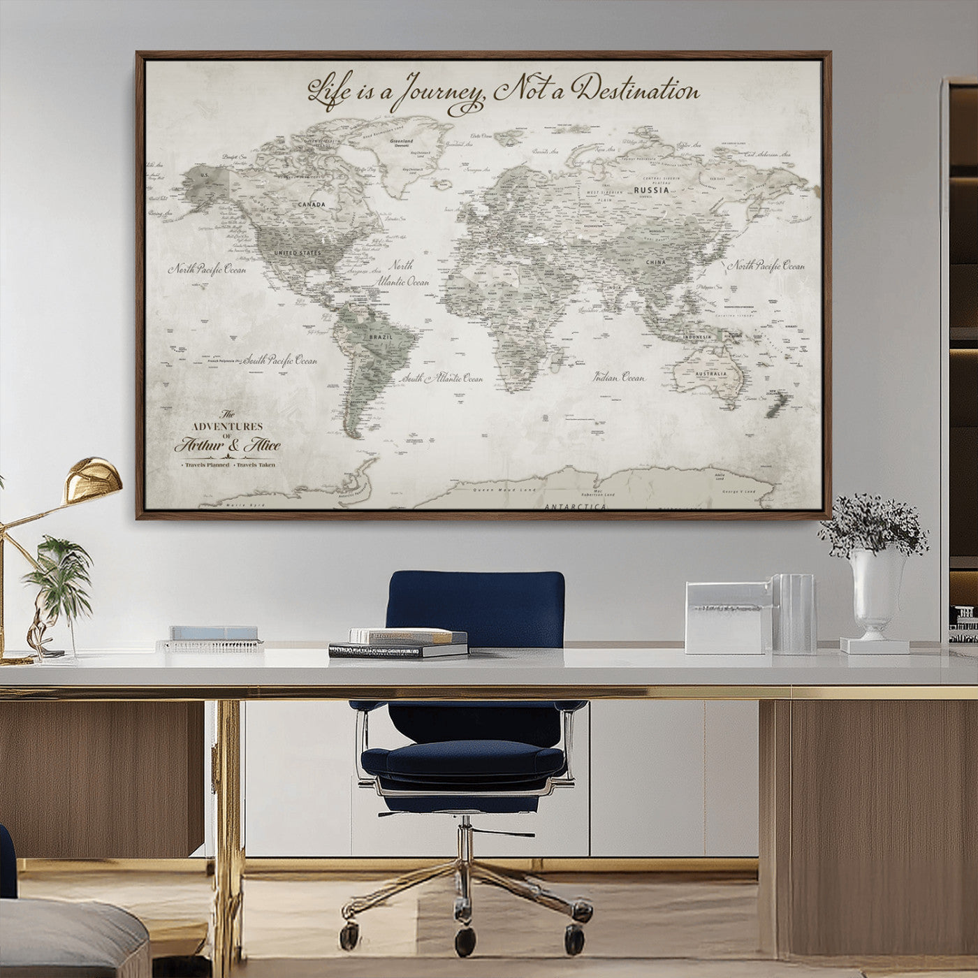 Custom Push Pin World Map Wall Canvas Print – Personalized Travel Tracker with Pins – Framed Custom Quotie Canvas for Home Office Decor