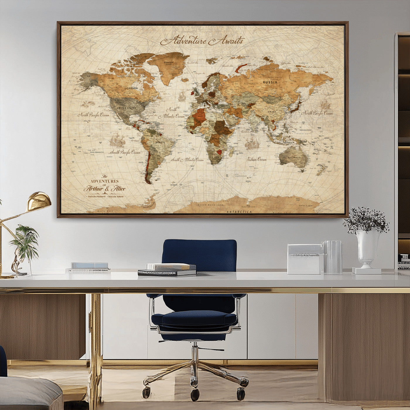 64295326-MGV-CV-30X20-Custom Push Pin World Map Wall Canvas Print – Personalized Travel Tracker with Pins – Framed Custom Quotie Canvas for Home Office Decor