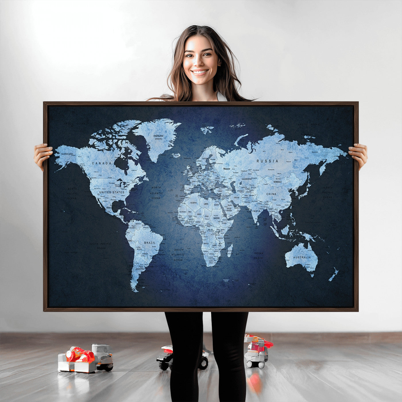 Push Pin World Map Canvas Print – Framed Wall Art for Couples to Track Their Travels – Anniversary Gift or Home Adventure Decor