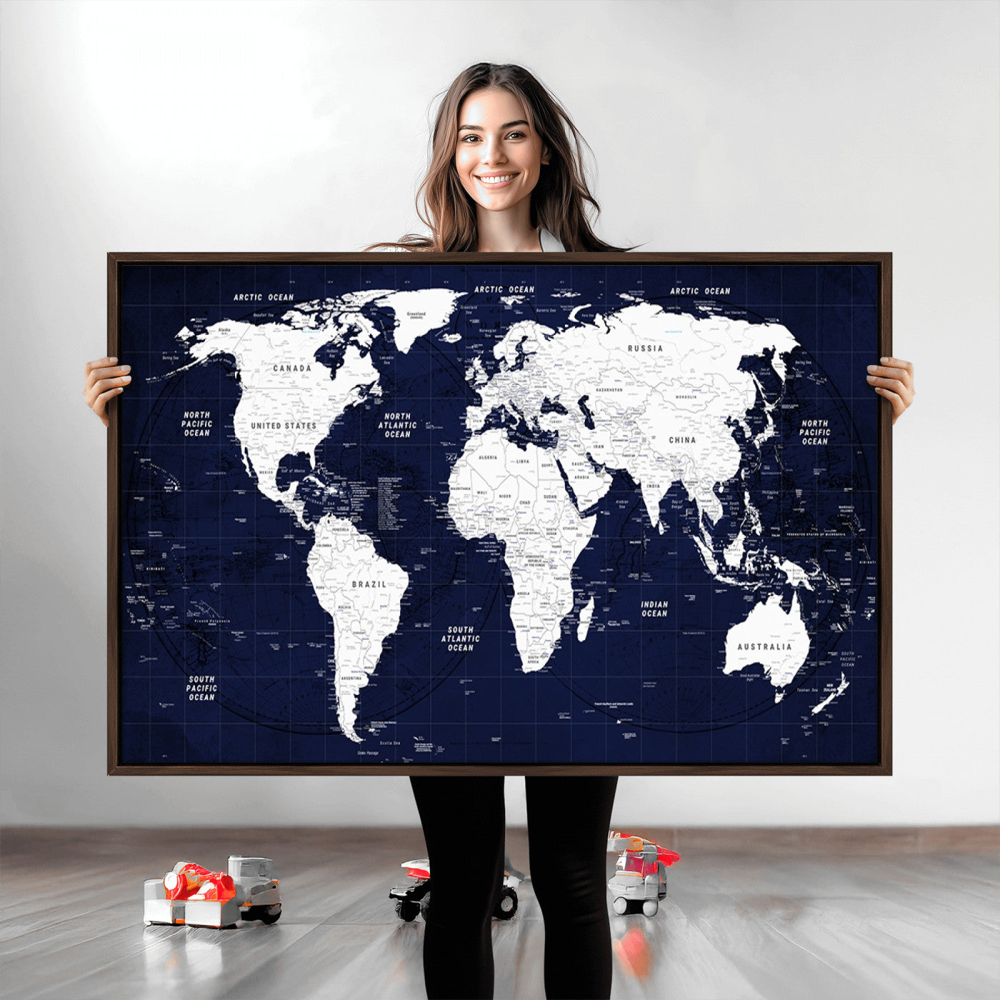 Push Pin World Map Canvas Print – Framed Wall Art for Couples to Track Their Travels – Anniversary Gift or Home Adventure Decor