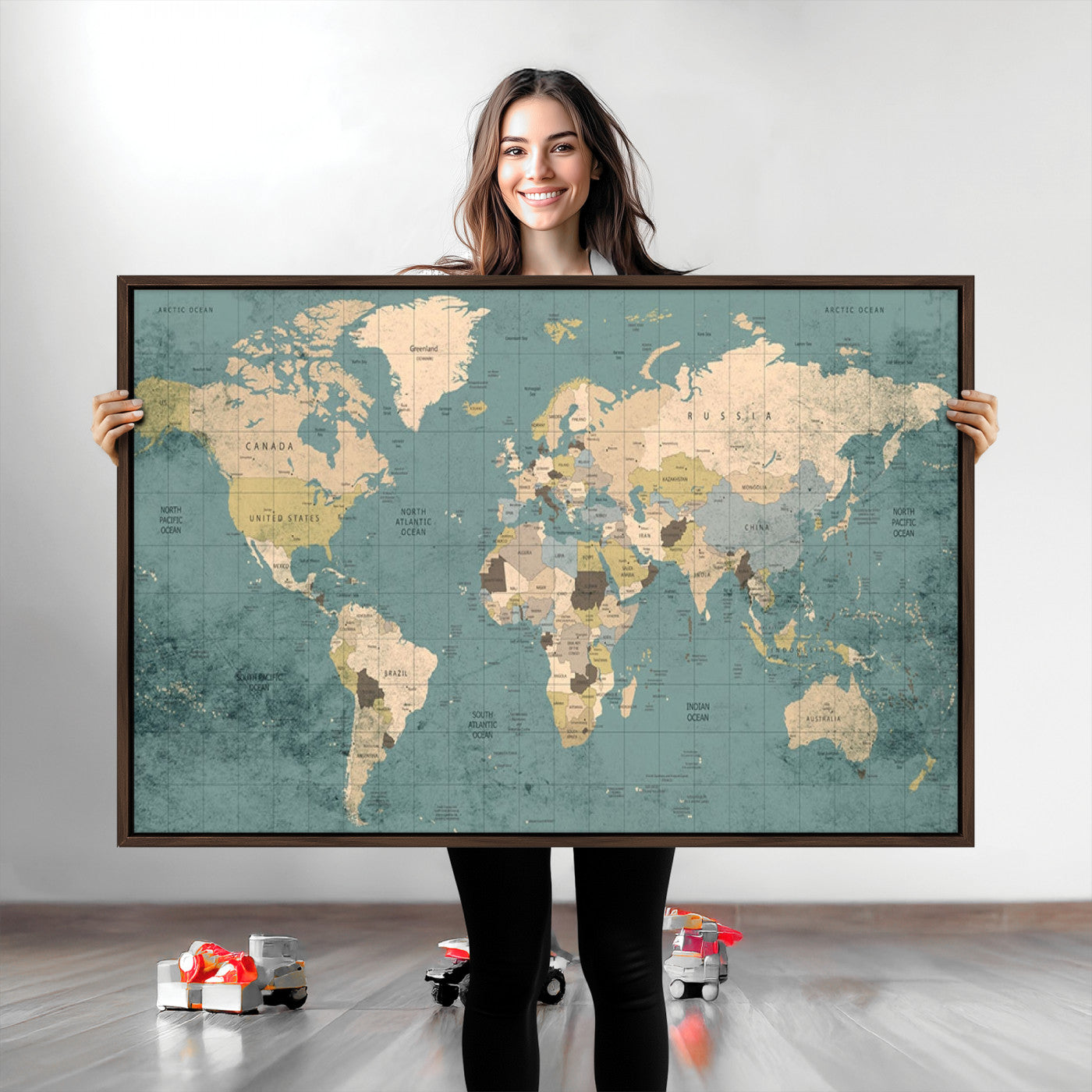 Classic World Map Wall Art Canvas Print, Framed Retro Map Art Picture Print, Vintage Atlas Perfect Rustic Explorer Decor Artwork